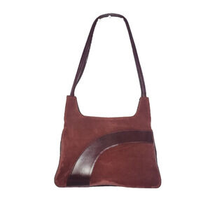 Vintage Suede Two Tone Shoulder Bag Burgundy Curve Leather Inlay Gold Clasp Chic